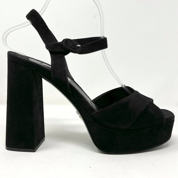 Prada Black Suede Platform Block Heel Peep Toe Sandals - Size 38.5 - Picture 3 of 10